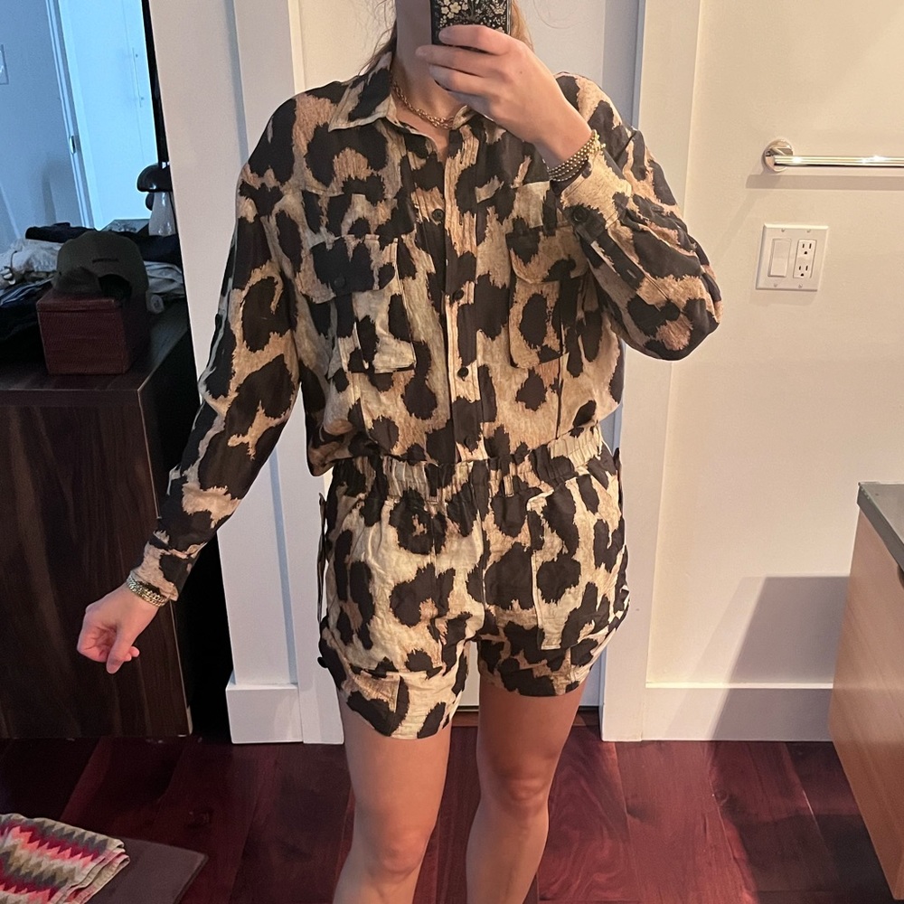 Ganni Beige and Black Animal Print Button-Down Romper